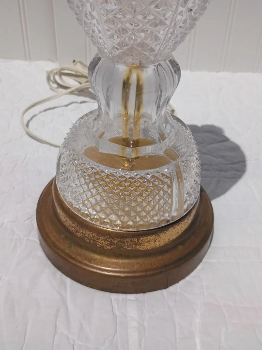 Vintage Cut Glass Table Lamp Brass Base Neoclassical Hollywood Regency Crystal